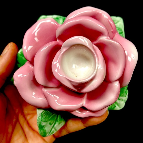 Vintage hand painted glazed porcelain pink rose taper  candle holders - Picture 6 of 9